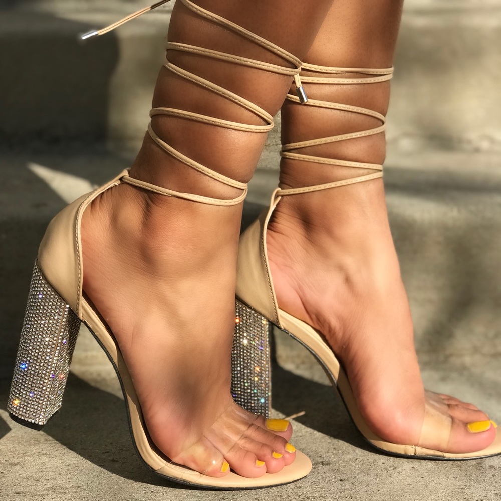 Clear Elegant Beige Strappy Heels with Rhinestone Block Heel